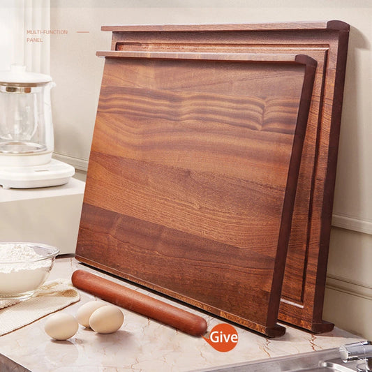 L-Baffle Ebony Wood Pastry Board, Large Dough Kneading Board with Anti-Spill Edge, Solid Wood Rolling Pin Butcher Block