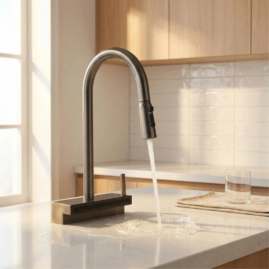 Gun Gray Brass Kitchen Sink Faucet Pull Out Sprayer Hot Cold Mixer Tap LED Digital Display Multifunction 360°Swivel Luxury Crane