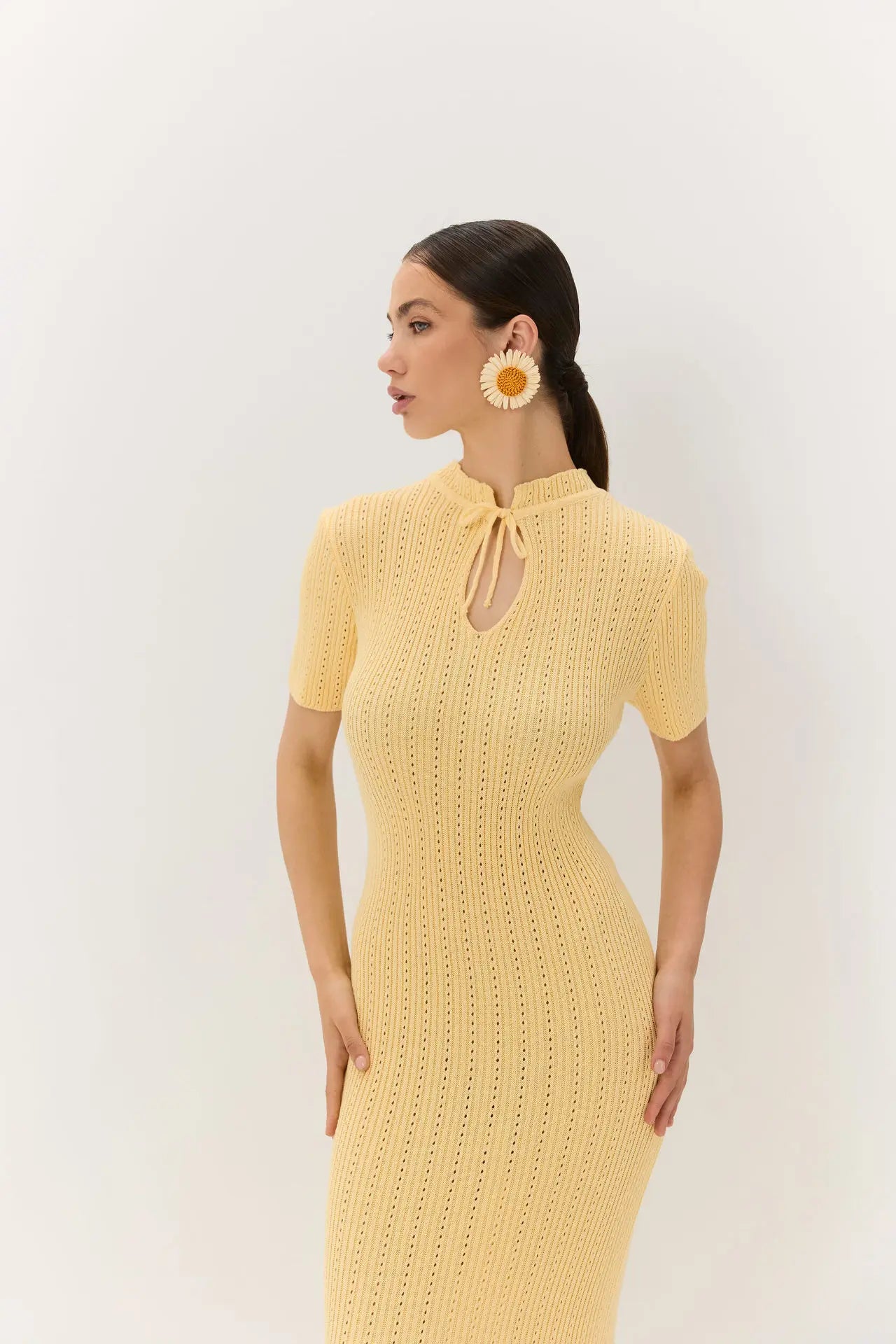 Tossy Women's Knit Lace-Up Dress – Hollow-Out Ribbed Short Sleeve, Patchwork High-Waist Elegant Long Dress