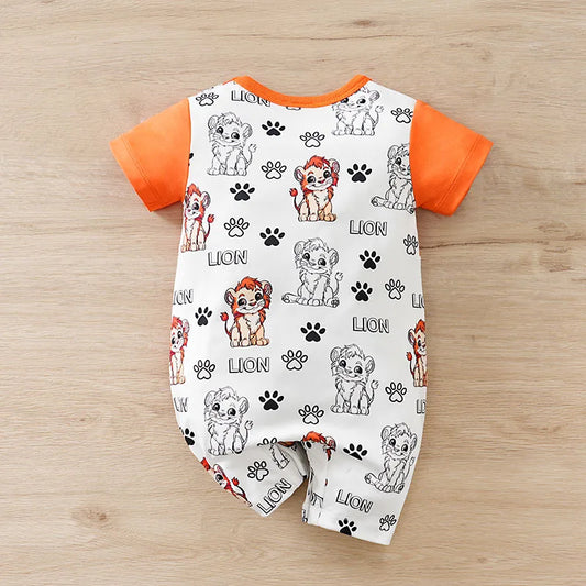 Newborn 0-18 Months Boys and Girls Baby Short-Sleeve Romper Cute Lion Print with Faux Two-Piece Design baby clothes Summer
