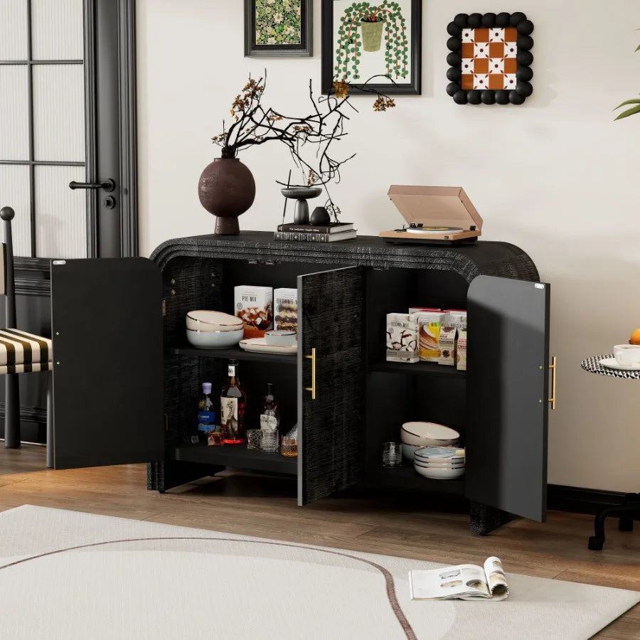 TREXM Retro Minimalist Curved Sideboard with Gold Handles and Adjustable Dividers for Living Room or Dining Room Antique Black
