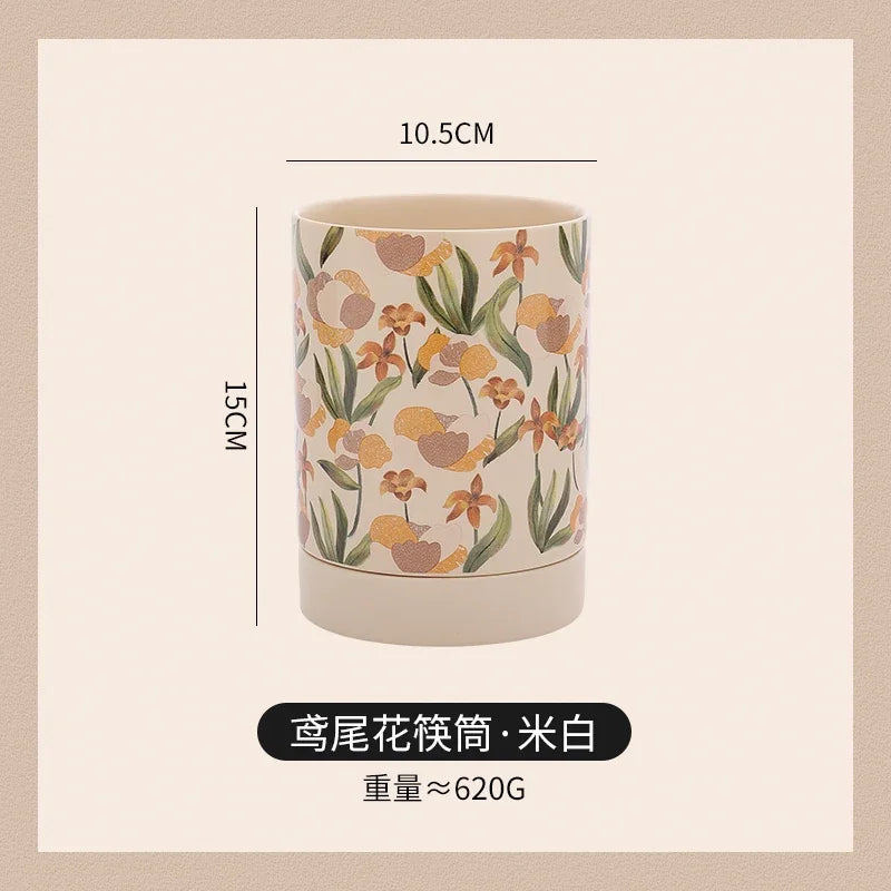 French Iris Ceramic Chopstick Holder Countertop Mold Proof Draining Chopstick Storage Jar Knife Spoon Rack Kitchen Storage Tool