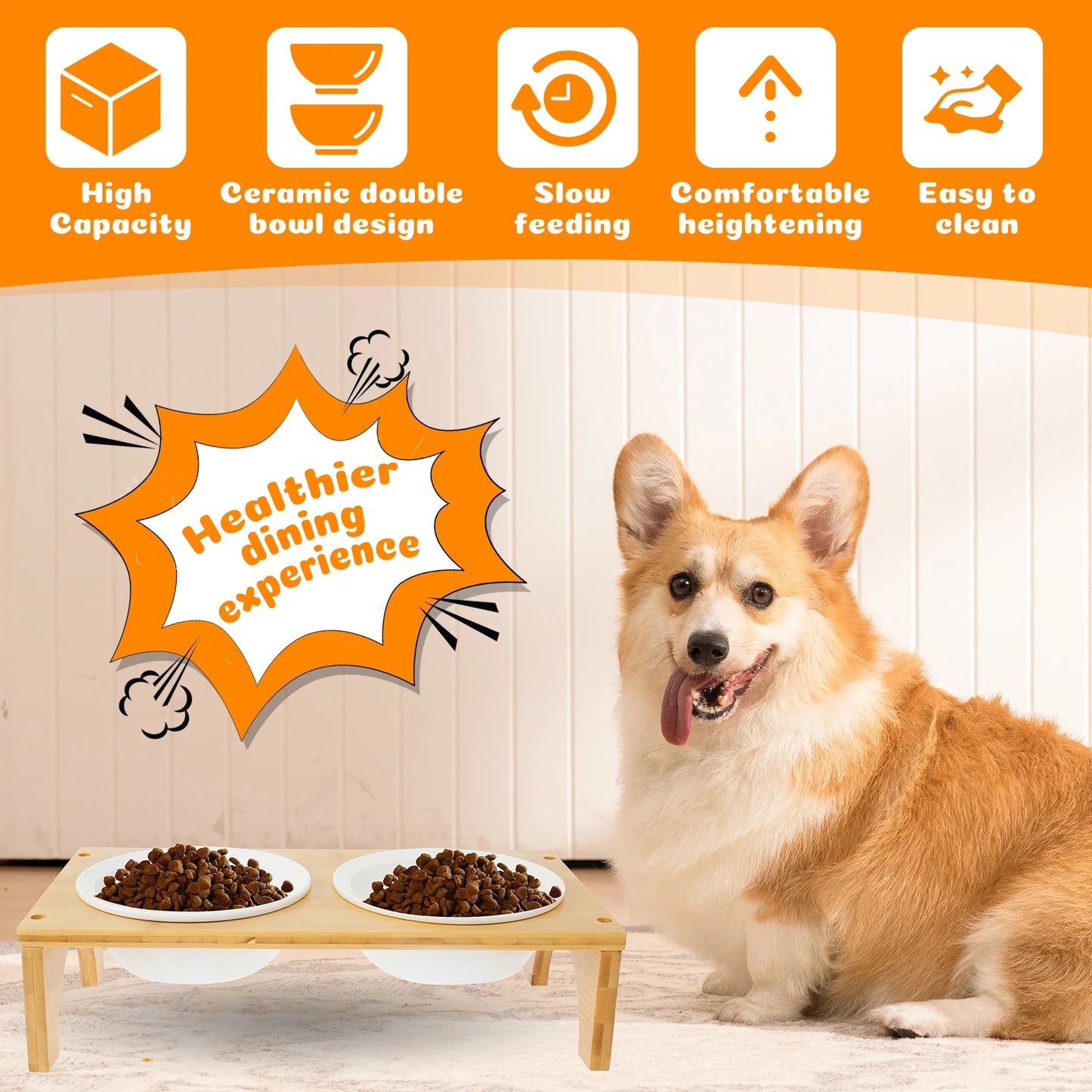 Double Ceramic Pet Bowl with Bamboo Stand – Elevated Food & Water Bowls for Dogs & Cats