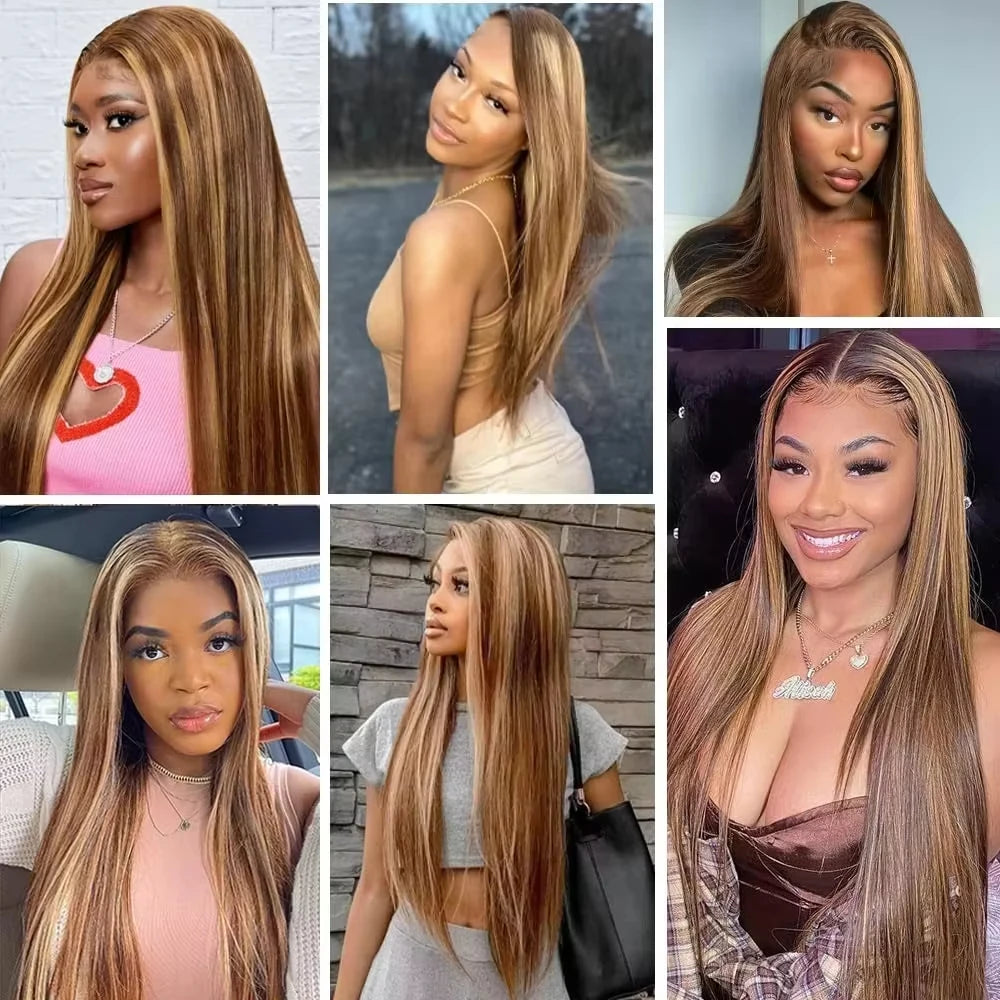 13x6 HD Highlight Lace Frontal Wig P4/27 200 Density Human Hair Honey Blonde Piano Bone Straight 13x4 Lace Front Wigs for Women