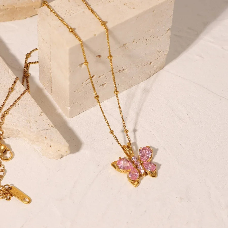Titanium Steel Necklace Women 18k Gold Plated Stainless Steel Pink Zircon Butterfly Shape Pendant Necklace