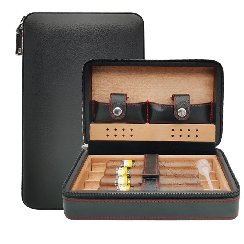 4pcs Humidor Cigar Box Travel Cigar Case orginiser without cutter lighter Leather Cedar Wood Cutter smoking accessories storage