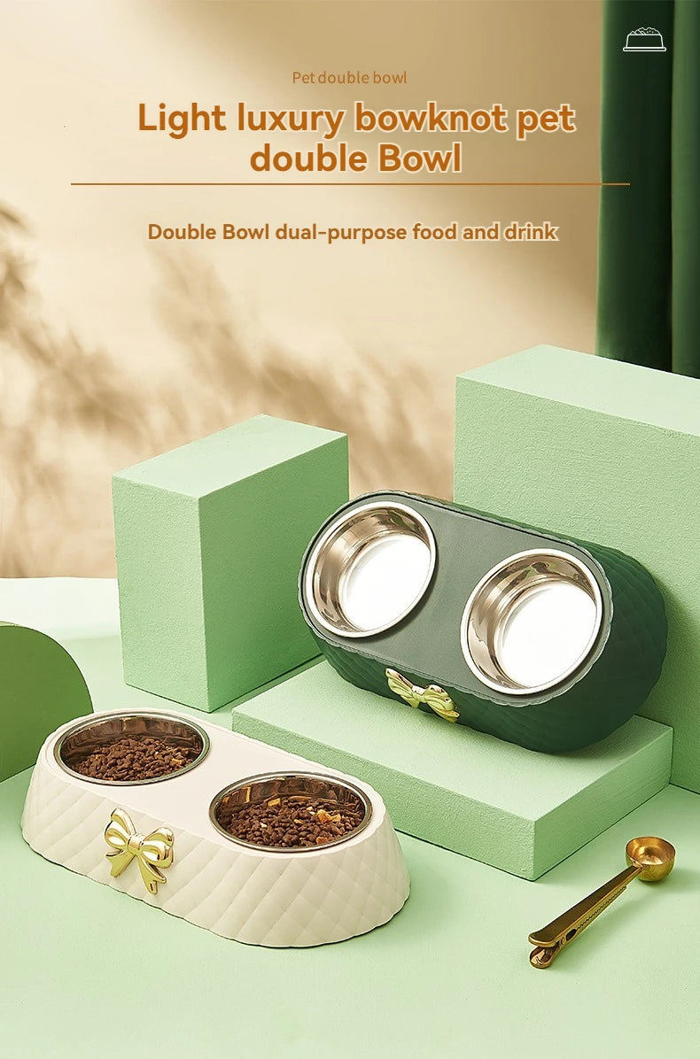 Double Pet Bowl for Cats & Dogs – Bow-Tie Design, Stainless Steel Food & Water Feeder with PP Base