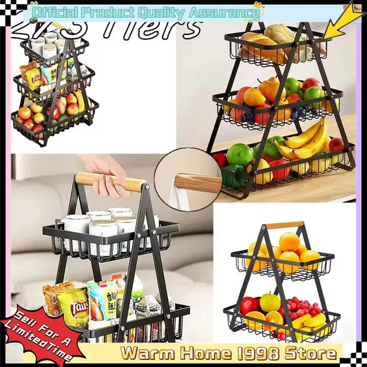 2-3 Tiers Countertop Fruit Basket Portable Iron Art Kitchen Organiser for Fruits Bread Snacks Storage Rack