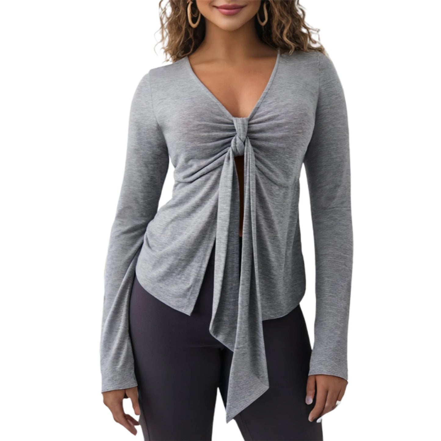 Women's Spring Summer Slimming Crop Tops Long Sleeve V Neck Tie Up Solid Color Trendy T-shirt