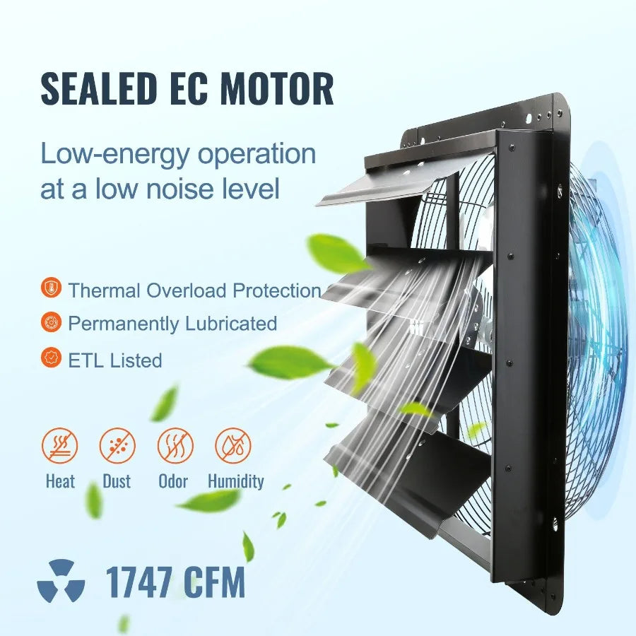 Shutter Exhaust Fan 16'' with Temperature Humidity Controller ECmotor 2650 CFM 10Speed Adjustable Wall Mount Attic Fan Ventila