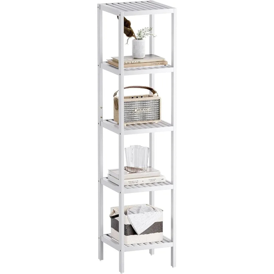 Bathroom Storage Shelf 5Tier Bamboo Rack Organizer Multifunctional Shelving Unit for Living Room Bedroom Kitchen White
