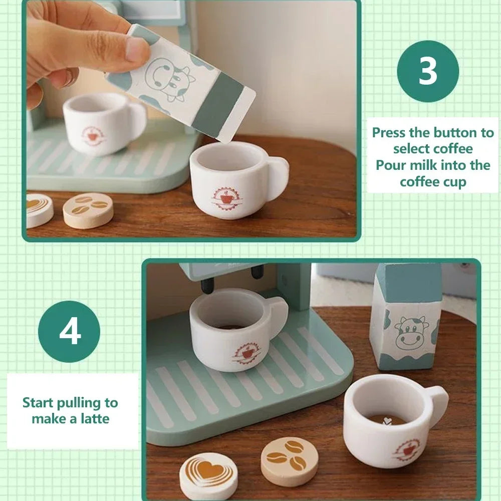 Kids Kitchen Toy Set Wooden Coffee Maker Set Simulation Cookie Maker Kit Pretend Play Educational Toys Gifts for Girls Boys