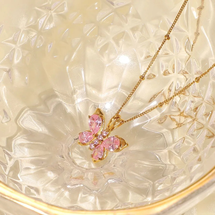 Titanium Steel Necklace Women 18k Gold Plated Stainless Steel Pink Zircon Butterfly Shape Pendant Necklace