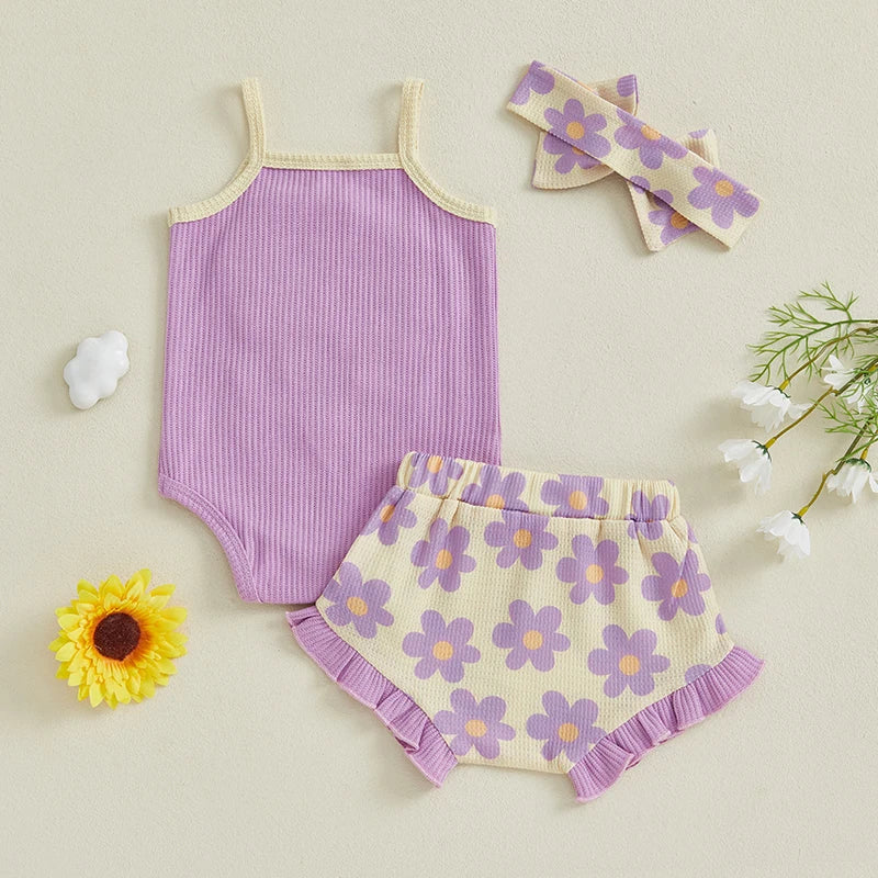 Toddler Girl Summer Outfit Floral Embroidered Sleeveless Bodysuit Elastic Waist Ruffle Shorts Headband 3 Piece Set for Baby Girl