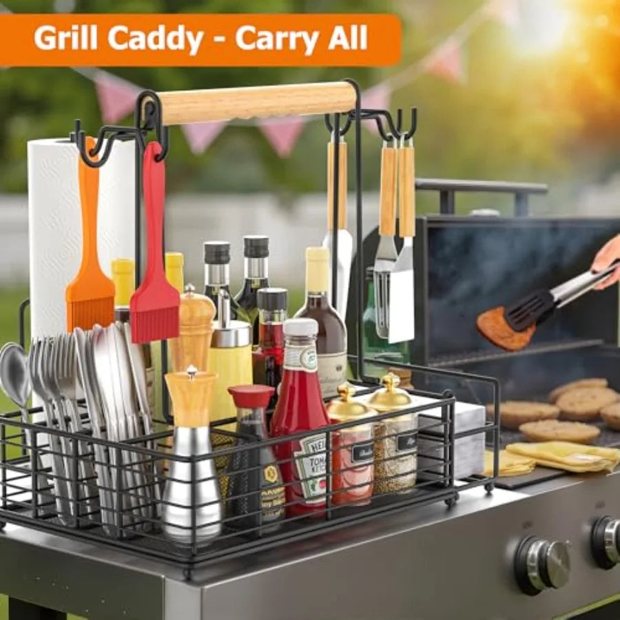 Large Grill Caddy with Paper Towel Holder Side Hooks Utensil Holder Wooden Handle Storage BBQ Tools for Picnic RV Patio Camping