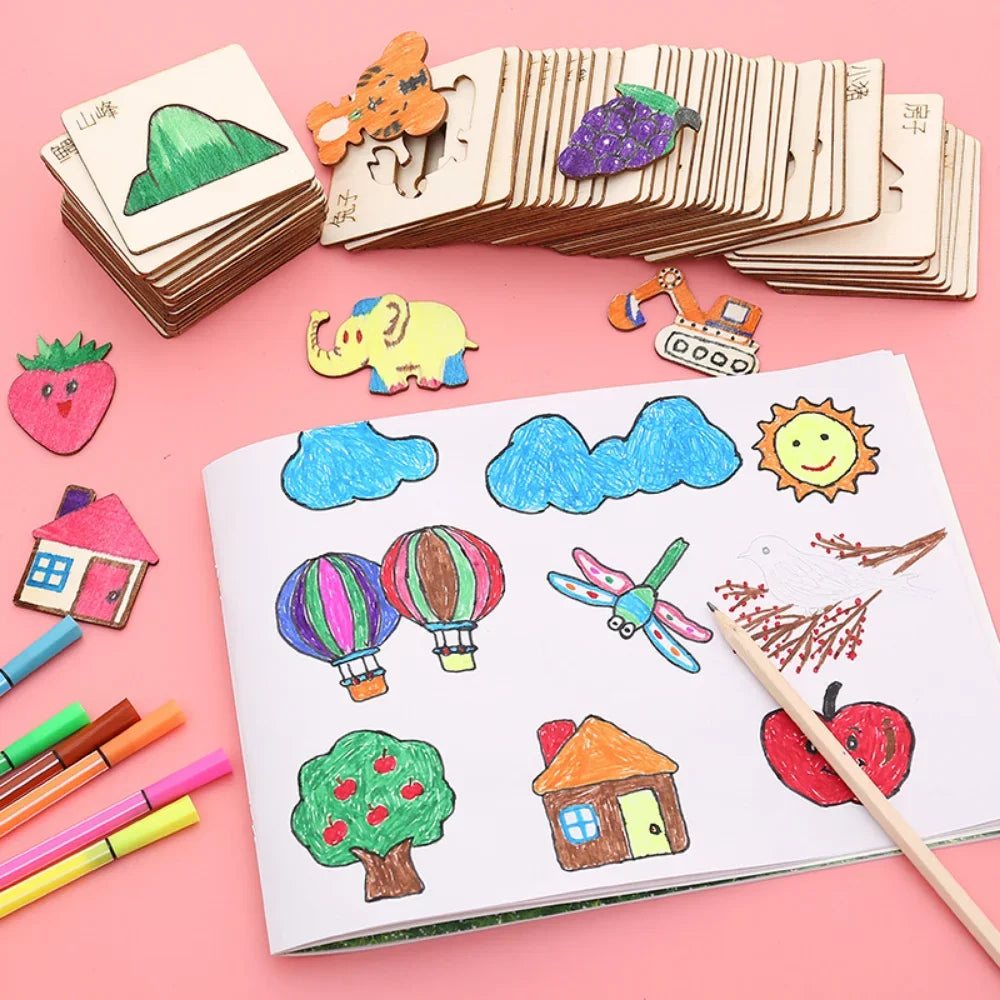 Kids Montessori Toys Drawing Toys Wooden DIY Painting Template Stencils Learning Educational Toys for Children Christmas Gift