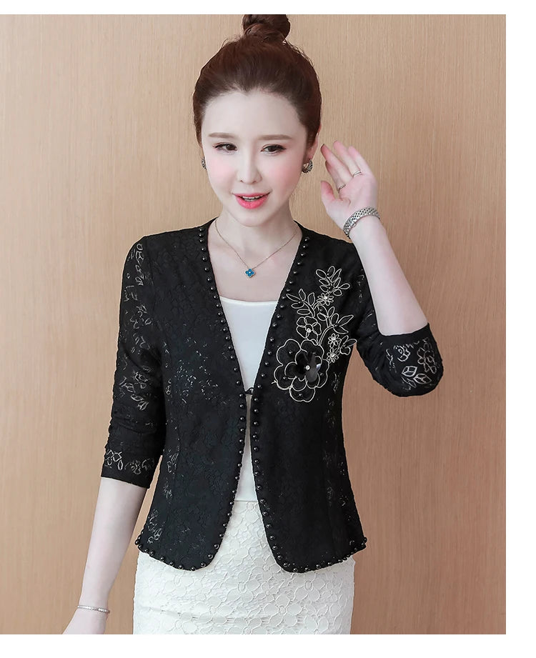 Short Lace Long Sleeve Embroidery Cardigan