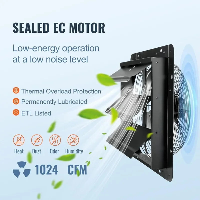 VEVOR 14'' Exhaust Fan with Temperature Humidity Controller, 1513 CFM, 10-Speed Adjustable Wall Mount Attic Fan, Ventilation