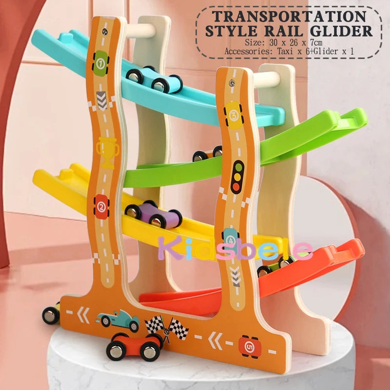Kids Four-layer Wooden Gliders Montessori Inertia Track Car Toys Animal And Traffic Theme Early Educational Toys Birthday Gifts