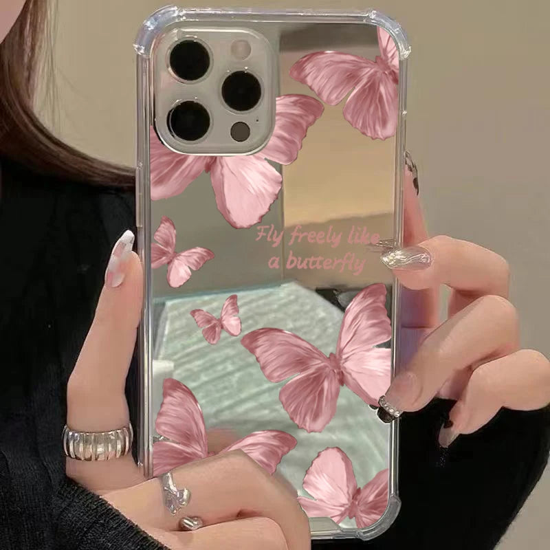 Pink Butterfly Mirror Phone Case For iPhone 16 15 14 13 12 11 Pro Max XS X XR 7 8 Plus SE Make Up Mirror Shockproof Soft Cover