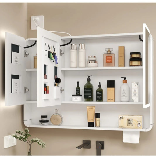 Bathroom Mirror Led Light Wall Mounted Carbon Fiber Curved Rounded Corner Smart Storage Mirror Cabinet Home Furniture Homehold