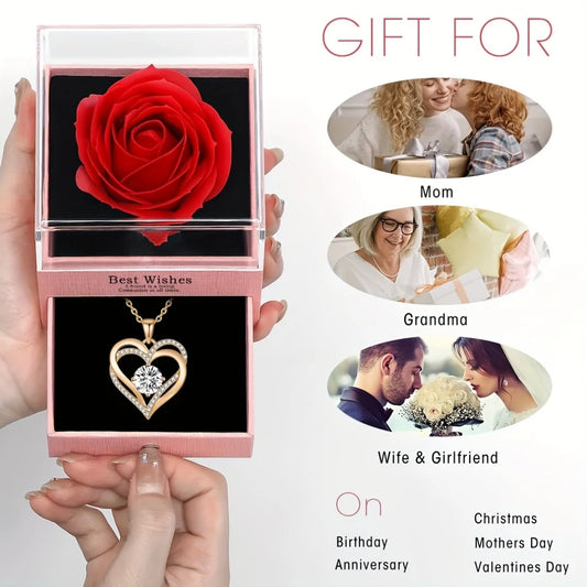 Romantic Heart Pendant Necklace with Rose Gift Box & Card- Luxurious Year-Round Wear, Valentines Day & Mother’s Day Present