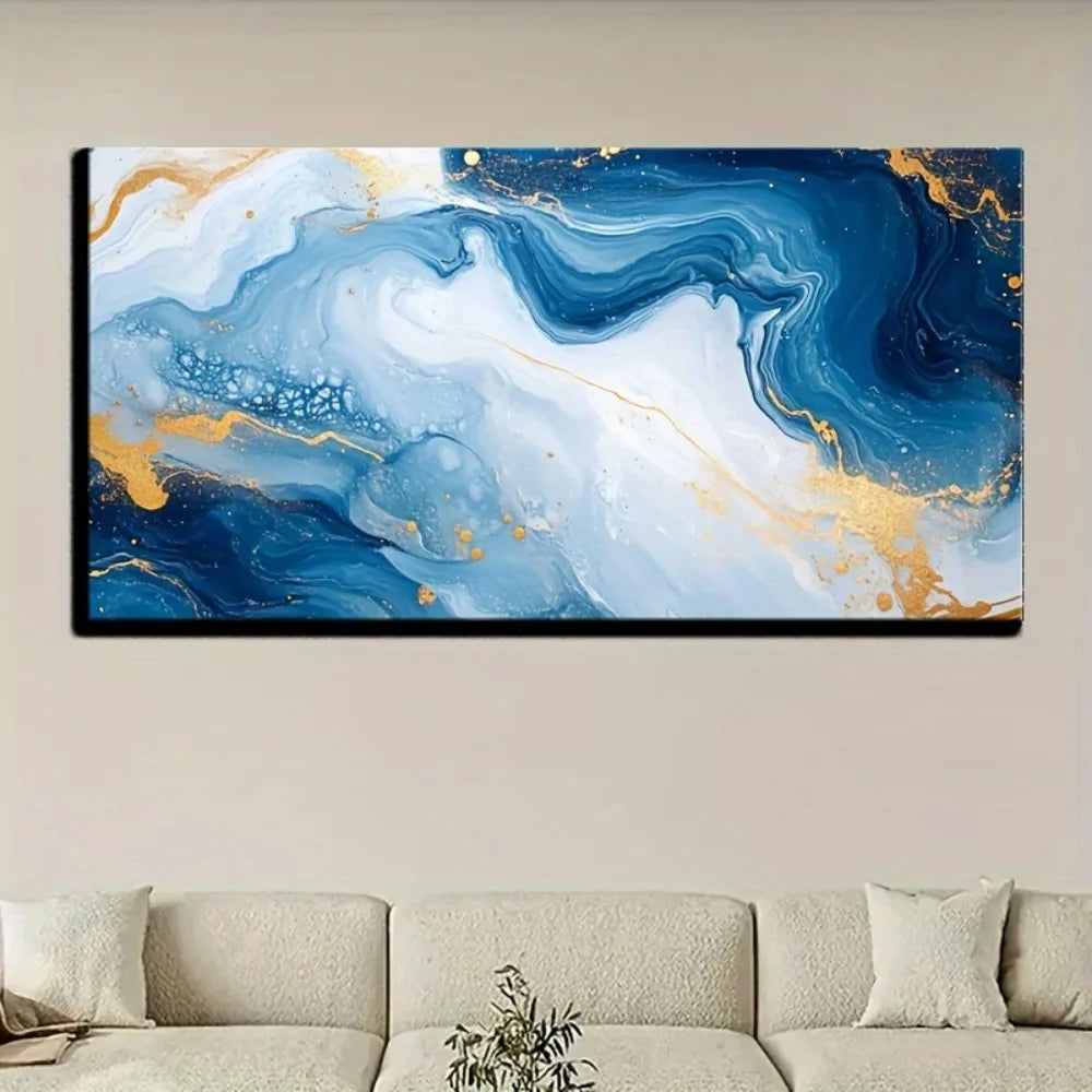 Solid wood frame Abstract blue wave texture print painting Modern art oil painting, 1.5 inch thick pine solid wood frame