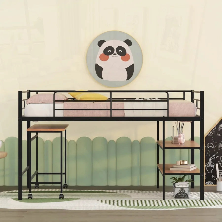 Twin Size Metal Loft Bed with Desk and Shelves
