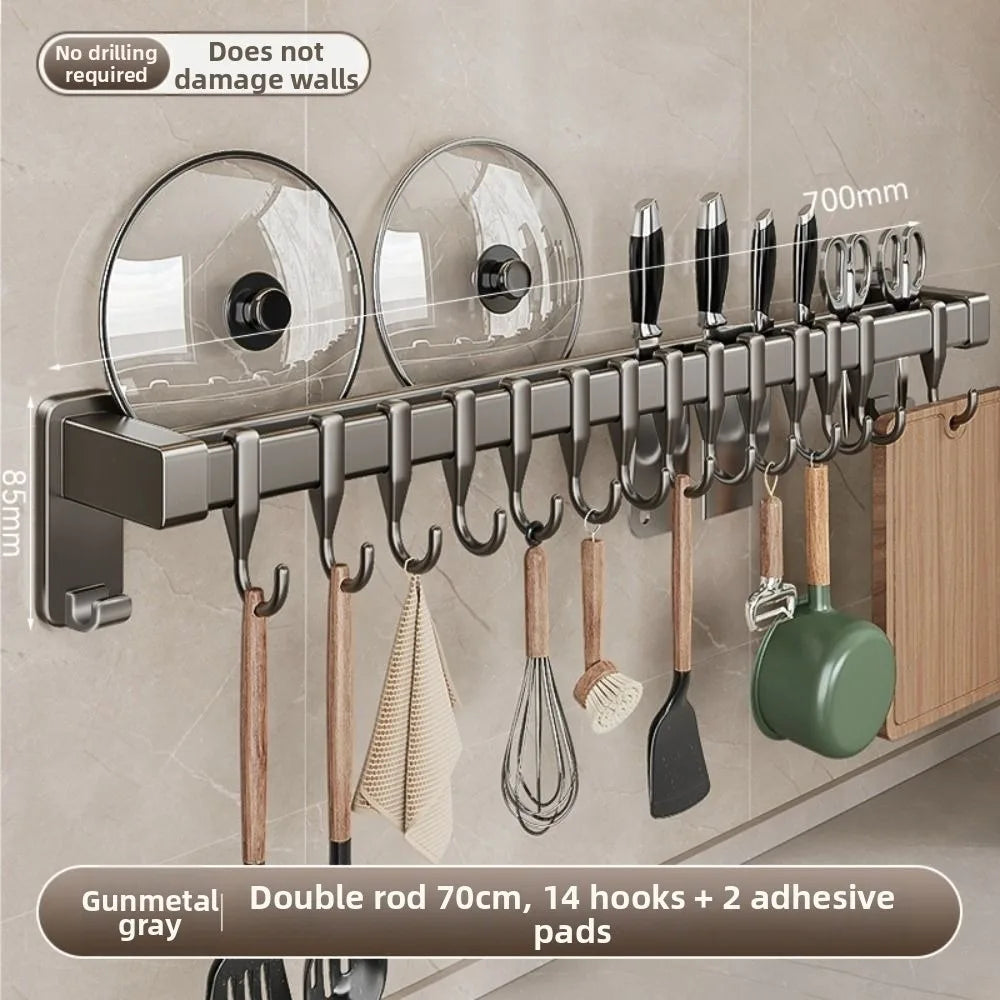 Aluminum Kitchen Organiser Hook Double Pole Wall Mounted Pot Lid Rack Non Punching Movable Hook Spatula Storage Rack Home