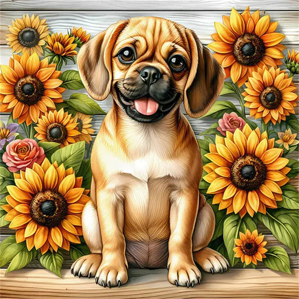 Huacan Diamond Mosaic Dog Animal Sunflower Flower Full Round Square Diamond Painting New Picture For Living Room Home Decoratio