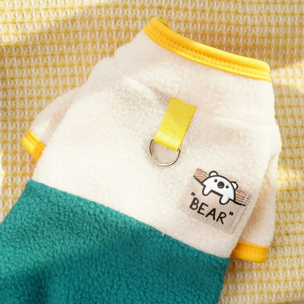 Warm Dog Jumpsuit – Polar Fleece Four-Legged Pants with Stand Collar, Cartoon Bear Pattern, D-Ring Puppy Harness Coat
