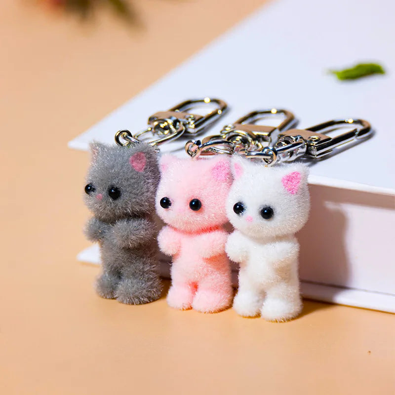 Cute Flocking Cat Keychain 3D Love Phone Pendant Headphone Case Charm Bag Decor Car Key Ring Jewelry Gift