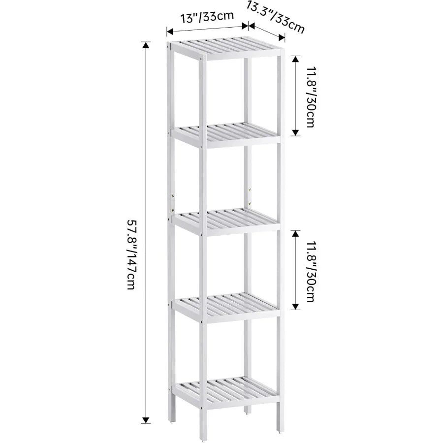 Bathroom Storage Shelf 5Tier Bamboo Rack Organizer Multifunctional Shelving Unit for Living Room Bedroom Kitchen White