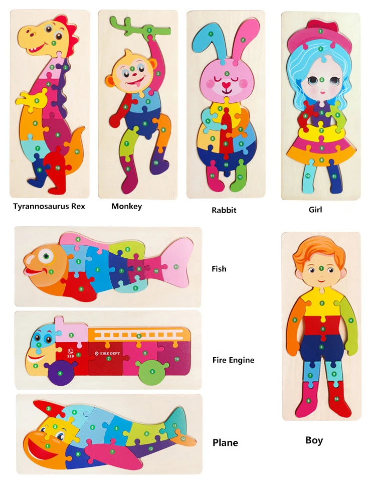 Rectangle Wooden Puzzle for Kids, Animals Vehicles Pattern Colorful Wood Numbered Puzzles For Toddlers