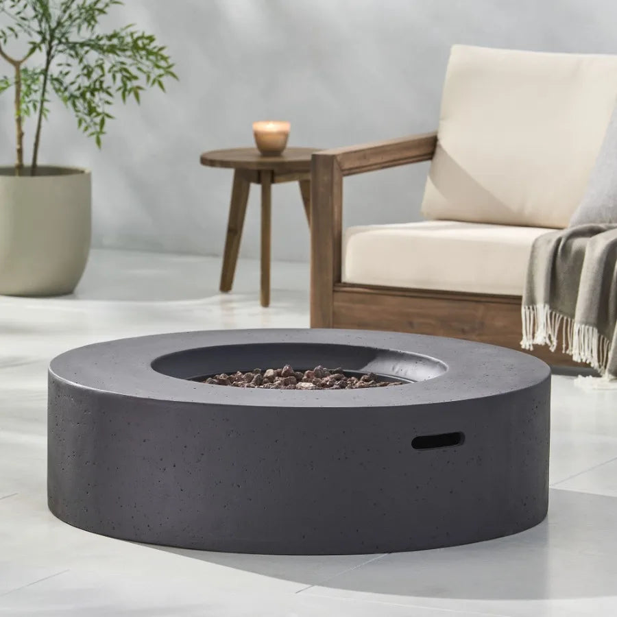 Lightweight Concrete Outdoor Circular Fire Pit Dark Gray 50 000 BTU Tank Cover not Included