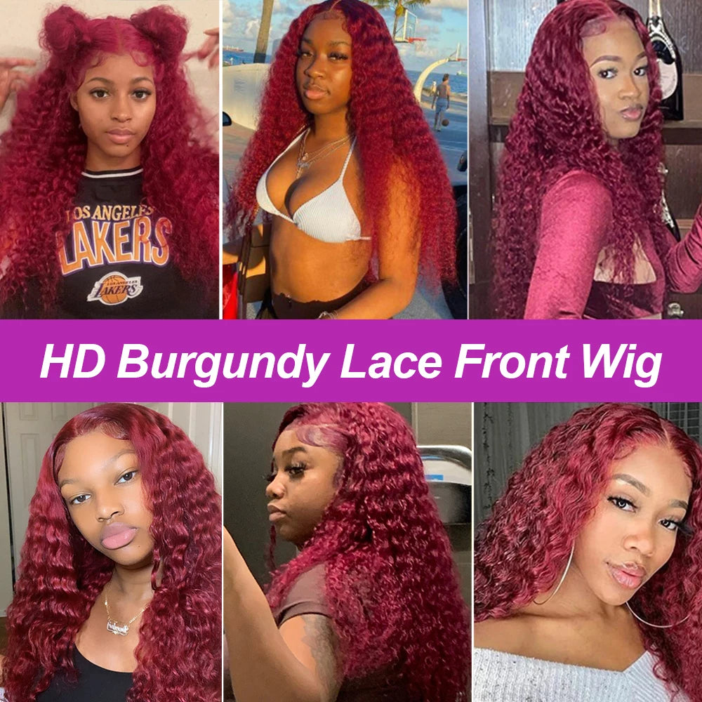 99J Burgundy Colored Curly Wig Transparent 13x6 Lace Frontal Human Hair Preplucked 13x4 HD Lace Frontal Deep Wave Wigs For Women