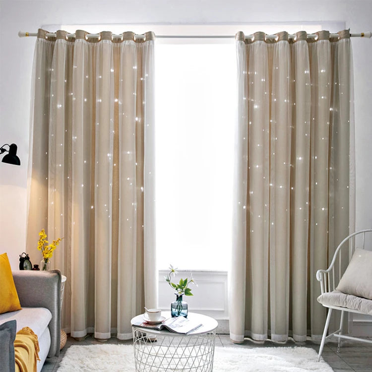 Double Layers Romantic Sheer Kids Children Girls Curtains With Hollow Out Stars For Living Room Bedroom Windows Drapes