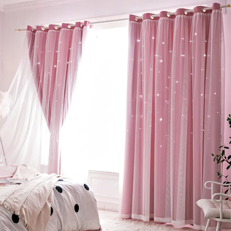 Double Layers Romantic Sheer Kids Children Girls Curtains With Hollow Out Stars For Living Room Bedroom Windows Drapes