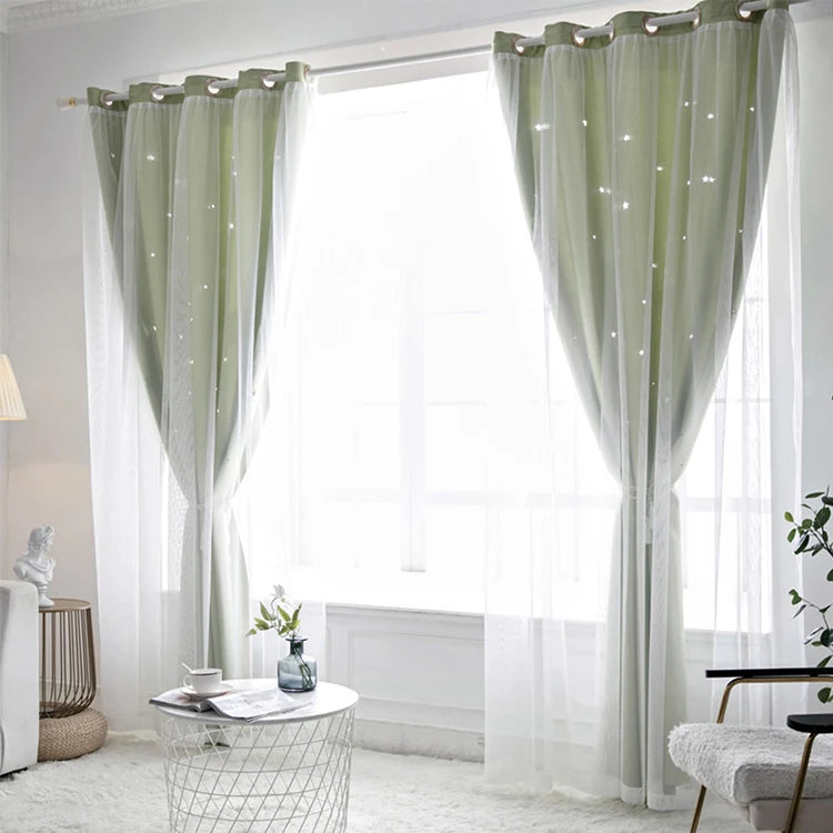 Double Layers Romantic Sheer Kids Children Girls Curtains With Hollow Out Stars For Living Room Bedroom Windows Drapes