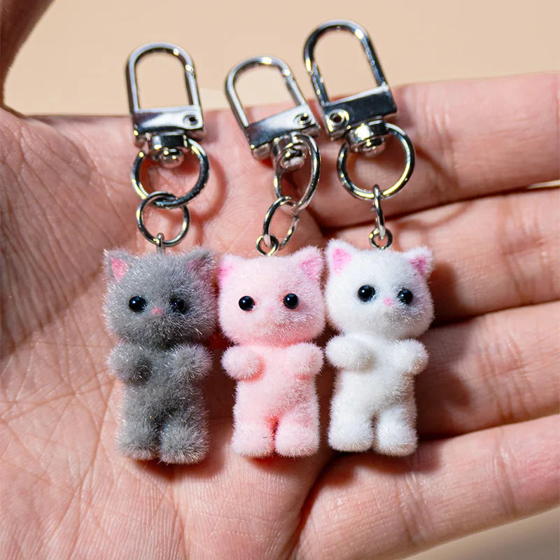 Cute Flocking Cat Keychain 3D Love Phone Pendant Headphone Case Charm Bag Decor Car Key Ring Jewelry Gift