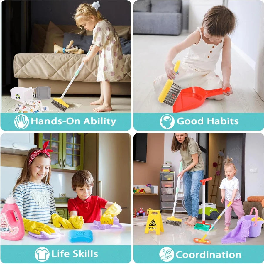 Kids Cleaning Toy Set, Kids Adjustable Mop Broom & Dustpan Set, House Cleaning Tool Toys for children,Random Color