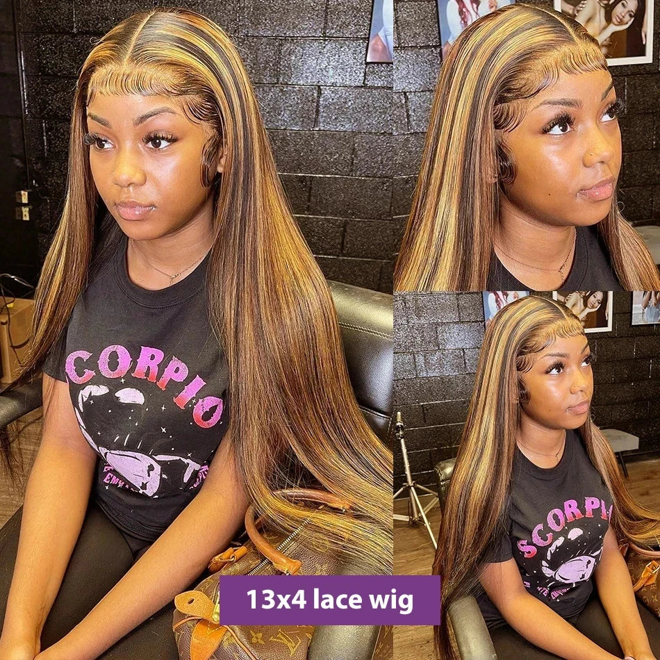 13x6 HD Highlight Lace Frontal Wig P4/27 200 Density Human Hair Honey Blonde Piano Bone Straight 13x4 Lace Front Wigs for Women
