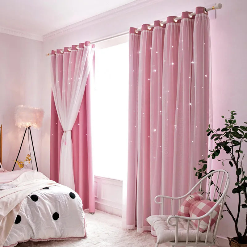 Double Layers Romantic Sheer Kids Children Girls Curtains With Hollow Out Stars For Living Room Bedroom Windows Drapes