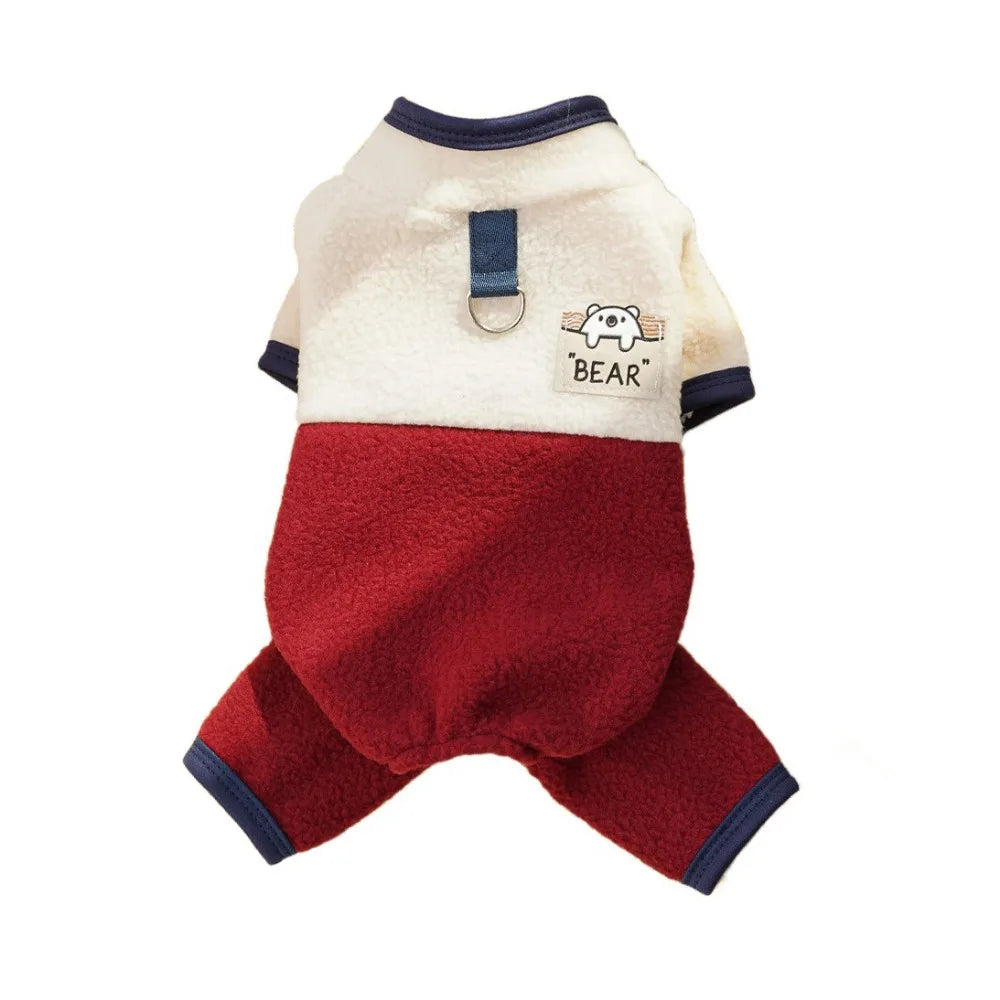 Warm Dog Jumpsuit – Polar Fleece Four-Legged Pants with Stand Collar, Cartoon Bear Pattern, D-Ring Puppy Harness Coat
