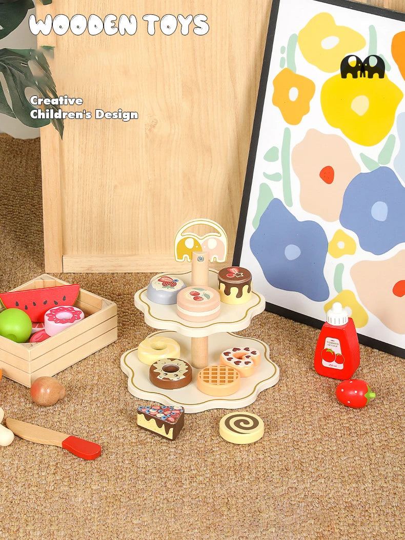 Kitchen Pretend Play Toys Wooden Simulation Food Accessories Pizza Salad Dessert Set Montessori Educational Toy for Toddler 3+