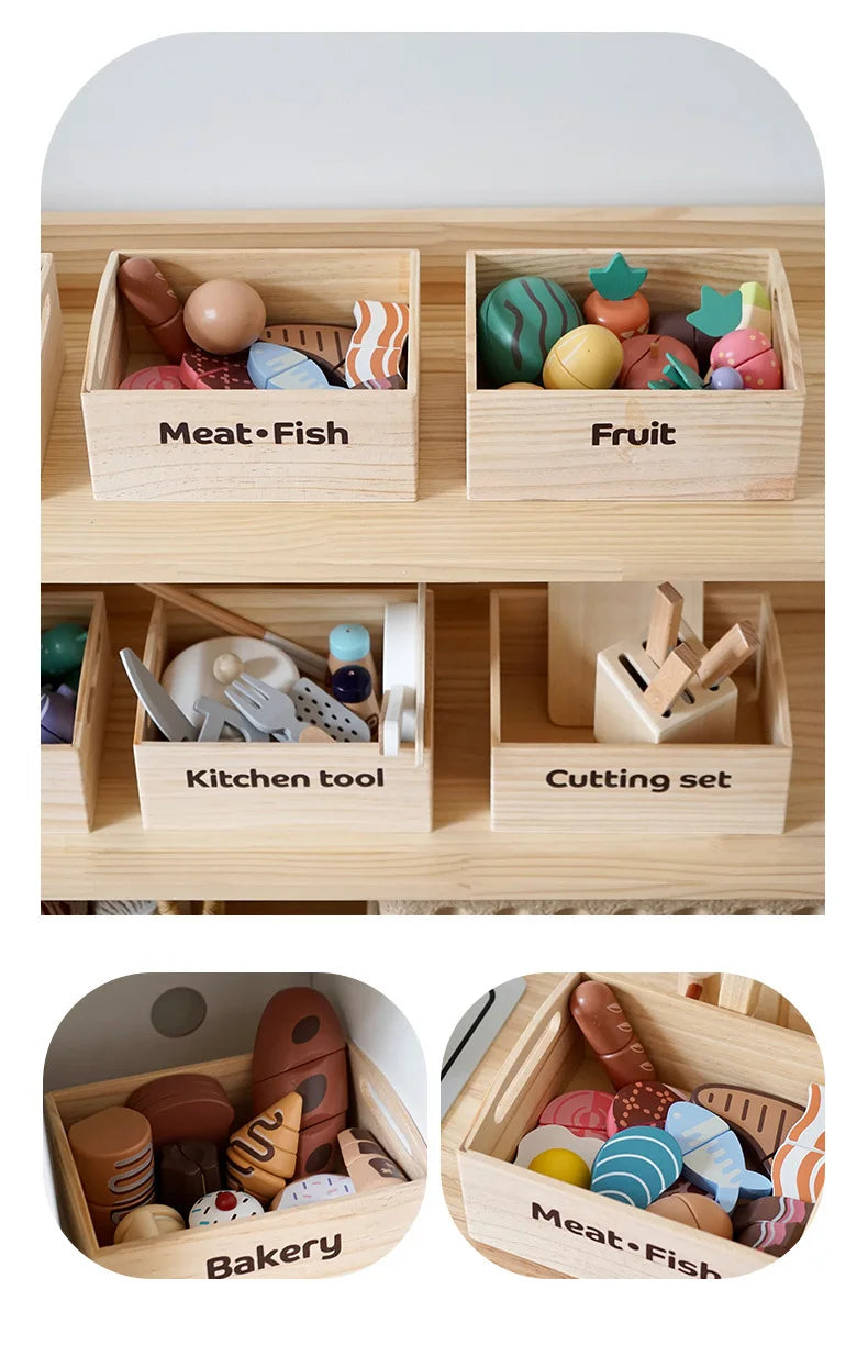 Wooden Pretend Play Kitchen Toys Cutting Food Accessories Set Fruit Vegetable Bakery Meat fish Early Educational Cognition Toys