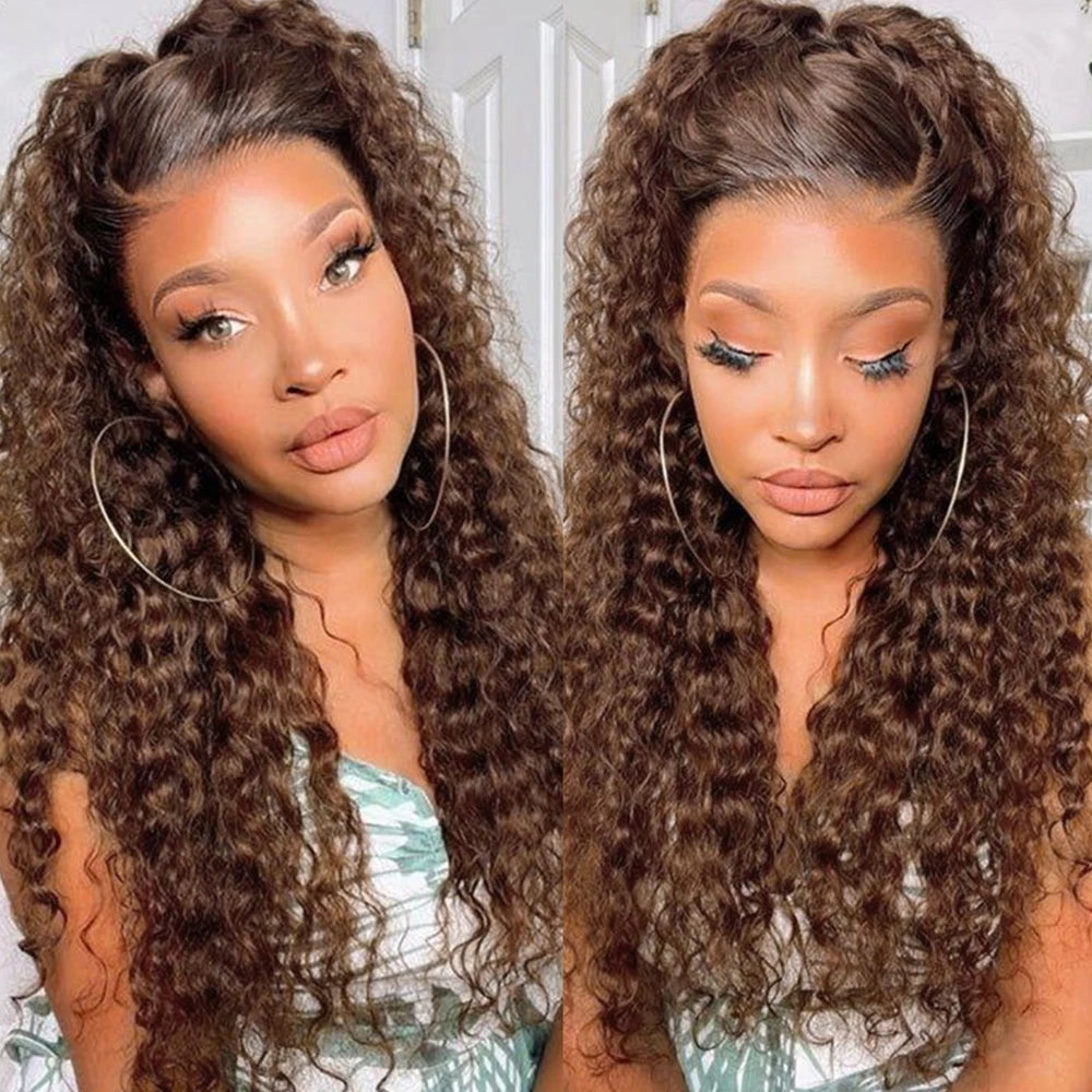 Curly Wig 13x4 Chocolate Brown Lace Front Wig 13x6 HD Transparent Lace Frontal Wig Colored Water Wave Human Hair Wigs For Women