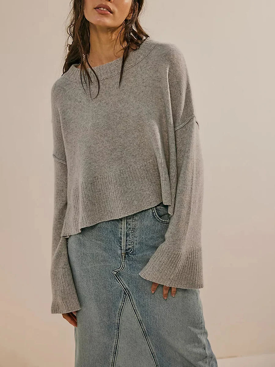 Women s Autumn Winter Knit Sweater Long Flared Sleeve Solid Color Loose Knitwear