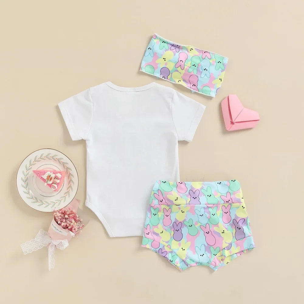 Children's Wear 2025 Easter Set Infant and Toddler Letter Short Sleeve Rabbit Printed Shorts Set