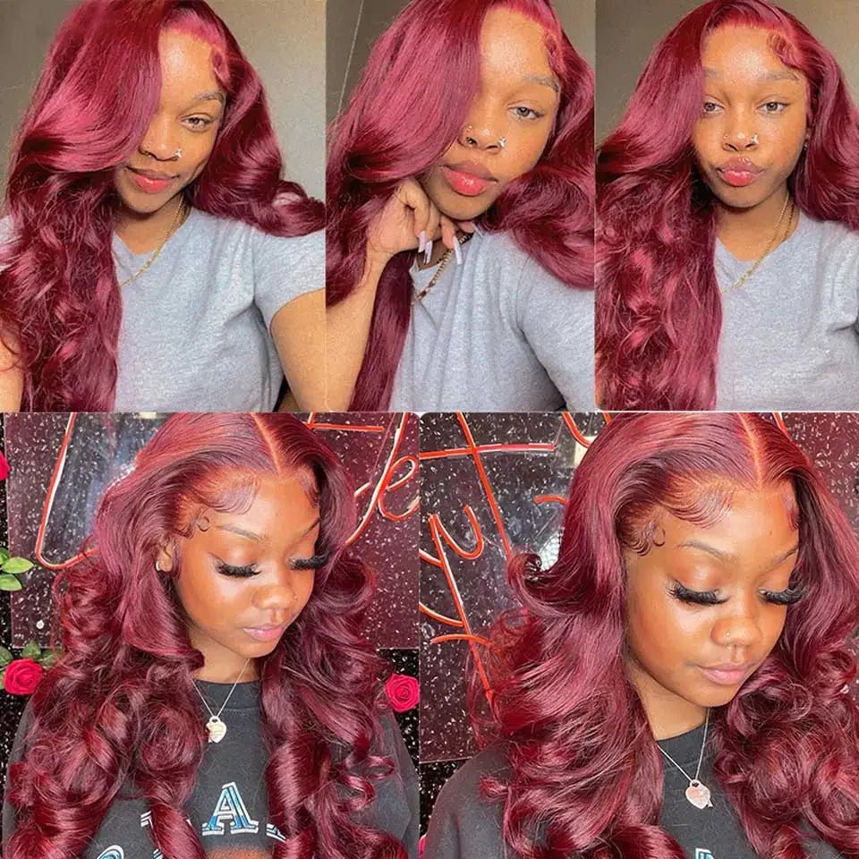 200% Density 99J Burgundy Body Wave 13x6 HD Transparent Lace wigs Frontal Wigs Brazilian Virgin Hair Pre plucked Wigs For Women